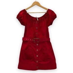 Max Rave Button Front Belted Dress Medium M Vintage‎ y2k Red Retro 90s